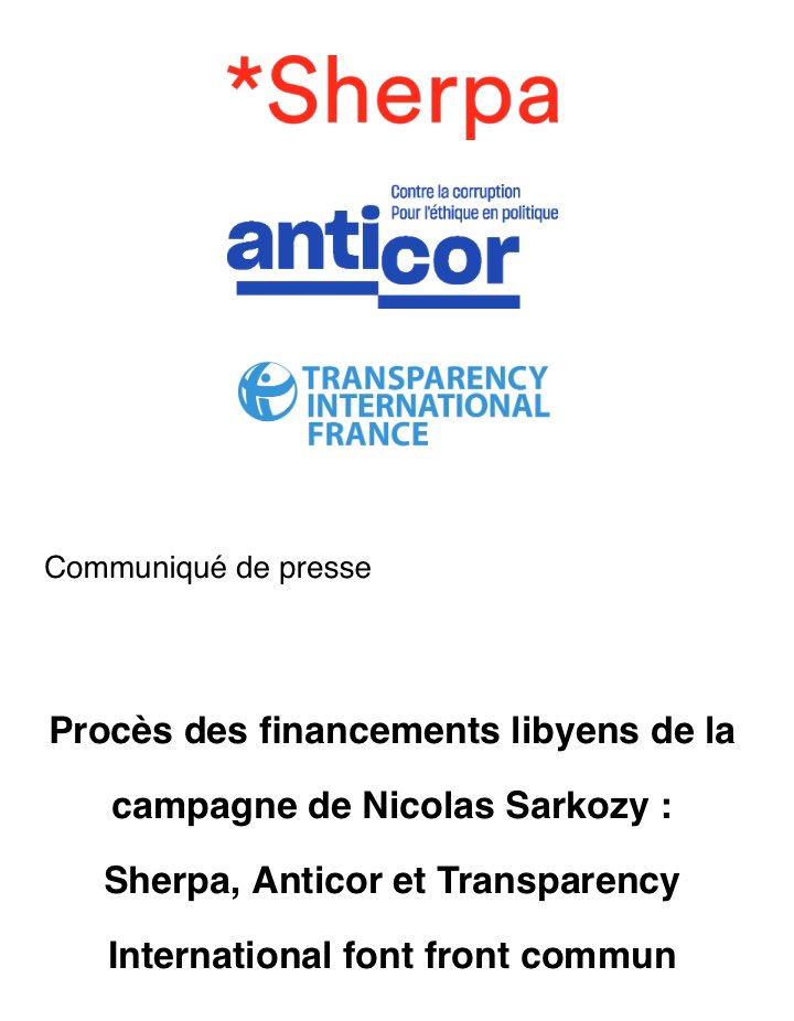 Les trois grandes associations anti-corruption Sherpa (<a href="/Asso_Sherpa/">Sherpa</a>), Anticor (<a href="/anticor_org/">Anticor</a>) et Tansparency International (<a href="/anticorruption/">Transparency International</a>) annoncent ce matin faire « front commun » et se constituer ensemble parties civiles au procès Sarkozy-Kadhafi.