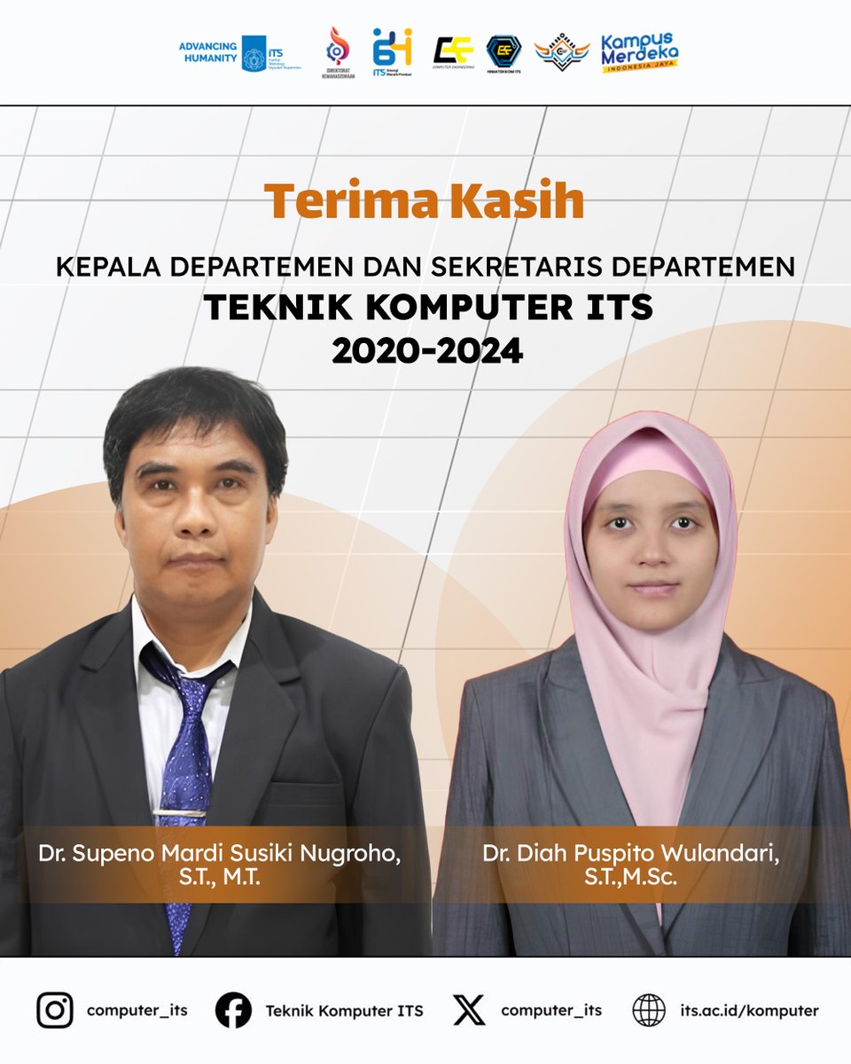 Terima kasih atas pengabdian, dedikasi dan capaian yang luar biasa :
Bapak Dr. Supeno Mardi Susiki Nugroho, S.T., M.T. (Kepala Departemen Teknik Komputer 2020-2024)
Ibu Dr. Diah Puspito Wulandari, S.T., M.Sc. (Sekretaris Departemen Teknik Komputer 2020-2024)