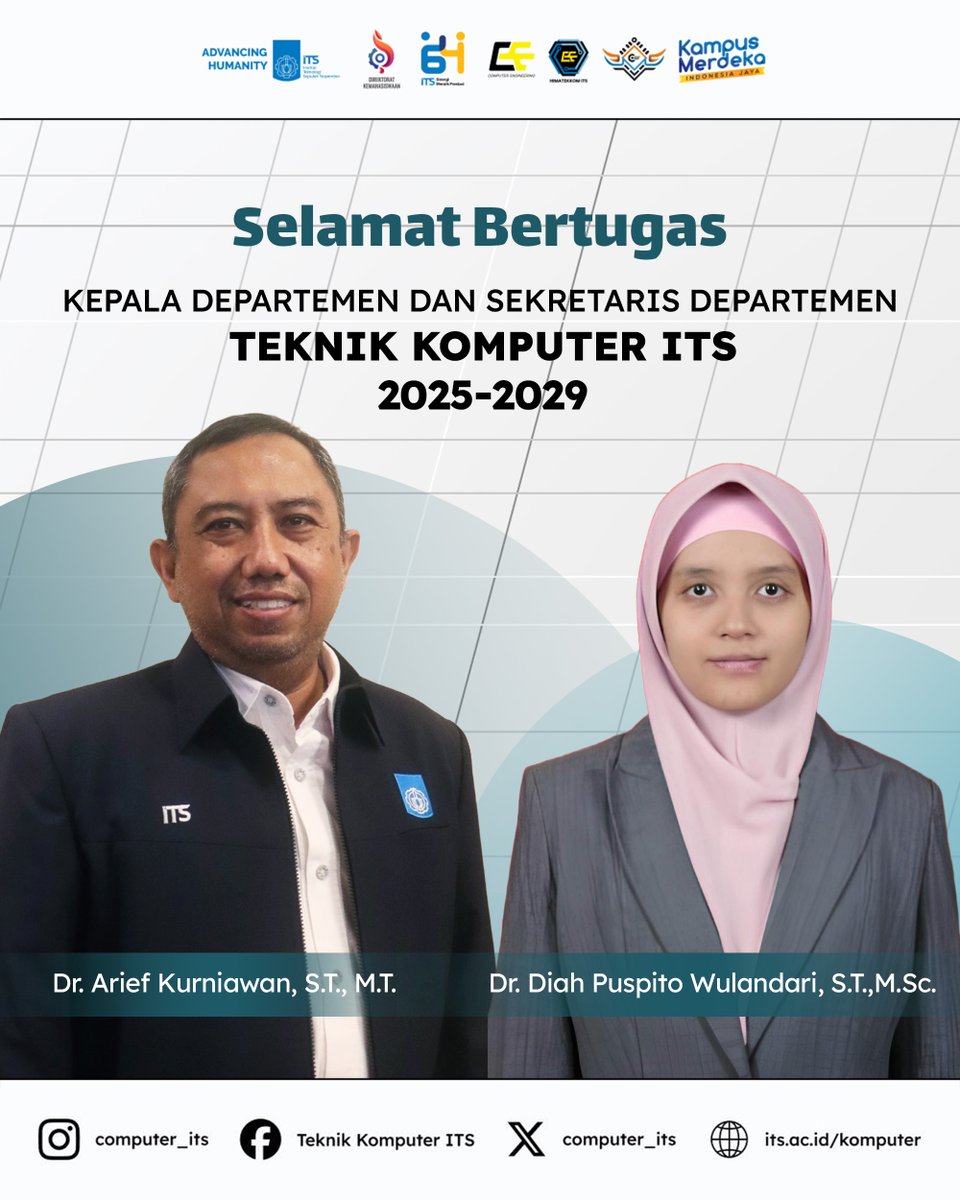 Selamat bekerja dan menjalankan amanah kepada :

Bapak Dr. Arief Kurniawan, S.T., M.T. (Kepala Departemen Teknik Komputer 2025-2029)

Ibu Dr. Diah Puspito Wulandari, S.T., M.Sc. (Sekretaris Departemen Teknik Komputer 2025-2029)