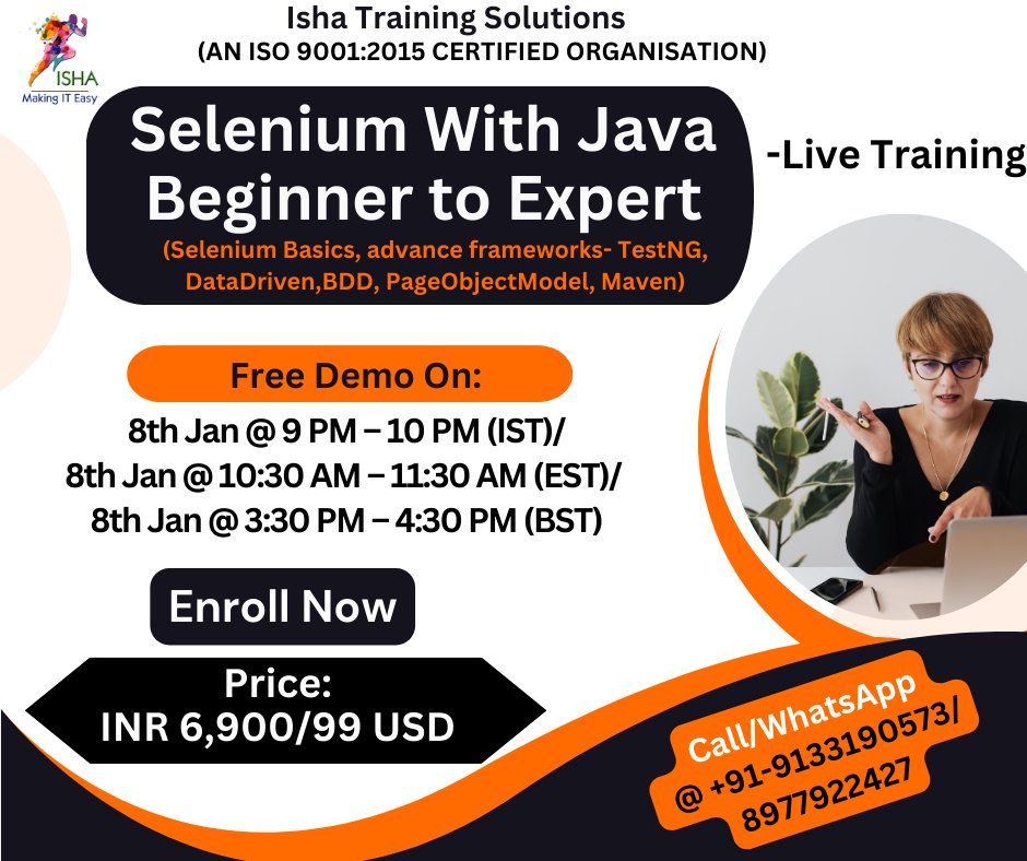 IshaKumargupta's tweet image. Selenium With Java Beginner to Expert–Live Training. Free Demo On 8th January
you can register by joining the below Link docs.google.com/forms/d/e/1FAI…
Call/WhatsApp@+91-9133190573/8977922427
#Selenium #SeleniumWebDriver #SeleniumJava #TestAutomation #AutomationTesting #Java