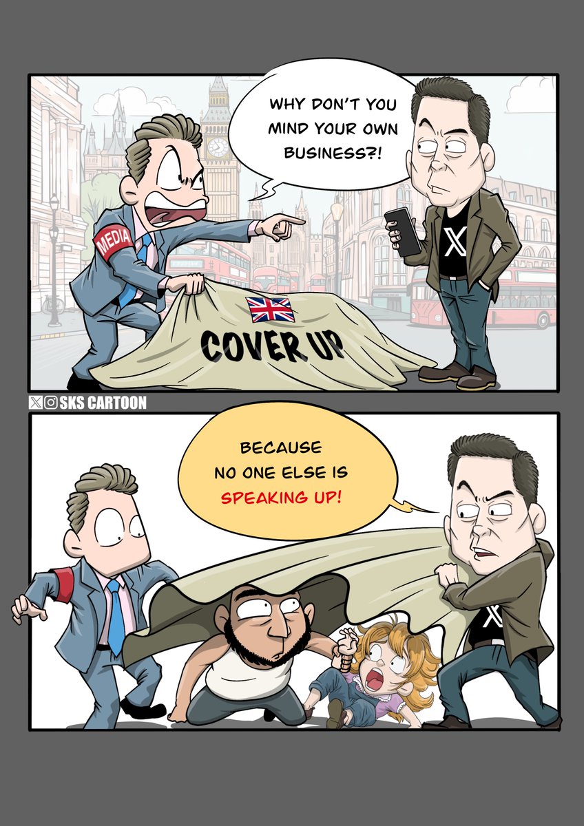 skscartoon's tweet photo. Elon Musk is the only prominent voice speaking up for the victims of South Asian raping gangs in the UK. https://t.co/1EBQEIddGu