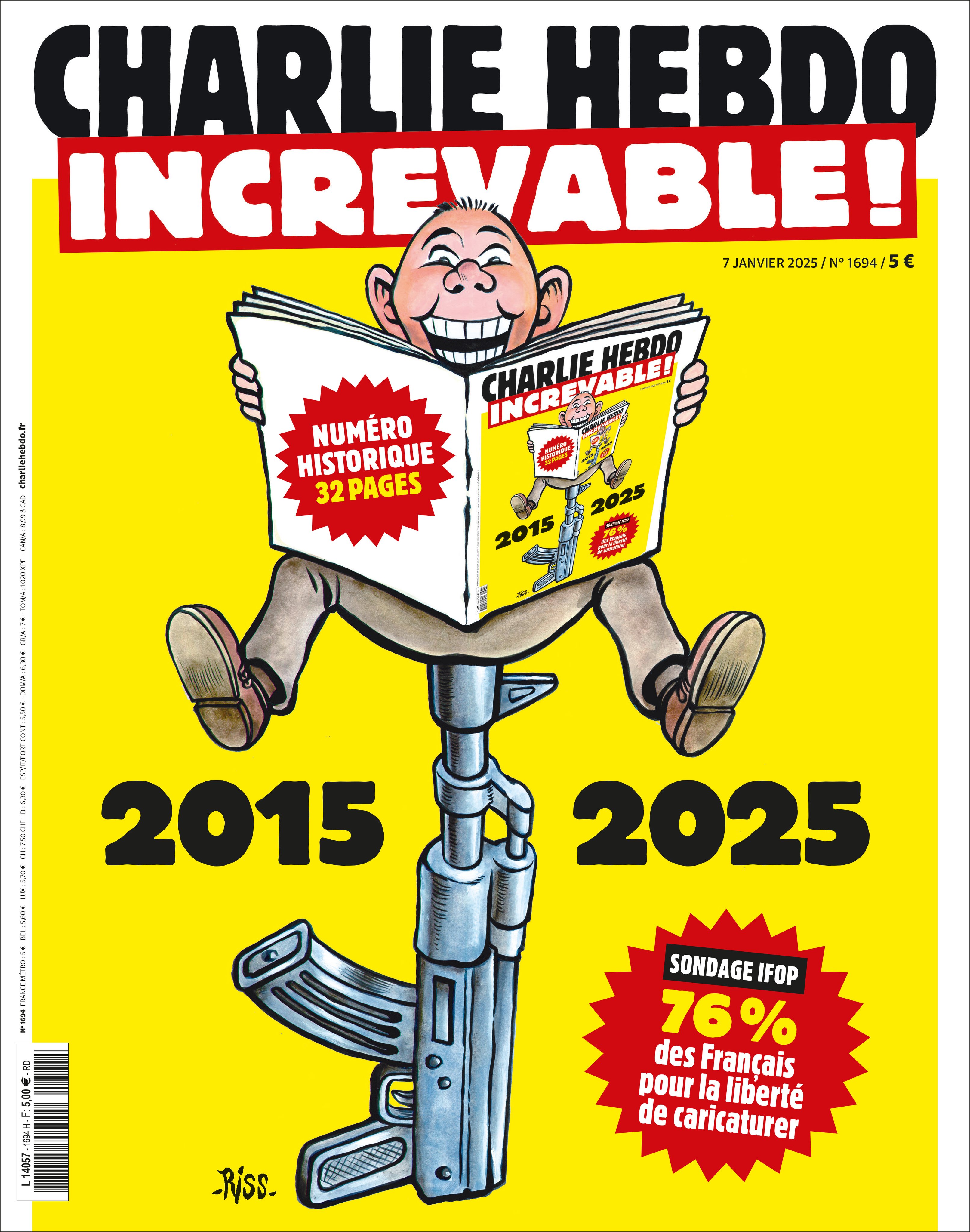 Portada de la revista No. 1694 de Charlie Hebdo que sale a la venta este martes 7 de enero cuando se conmemoran diez años del ataque a su redacción, la portada es del artista Riss, tiene 32 paginas e incluye una encuesta de que el 76% de los franceses a favor de la libertad de caricaturizar.