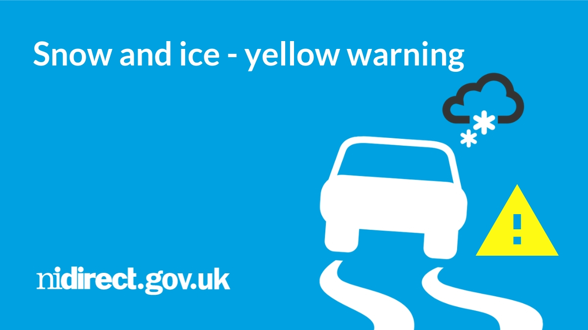 nidirect (@nidirect) on Twitter photo There is another @metofficeni weather warning for snow and ice, from 3pm today until 11am tomorrow.
Travel disruption possible.
Take extra care.
Info and advice: nidirect.gov.uk/snow-ice
<a href="/deptinfra/">Department for Infrastructure</a> <a href="/belfastcc/">Belfast City Council</a> <a href="/dcsdcouncil/">Derry Strabane Cncl</a> There is another @metofficeni weather warning for snow and ice, from 3pm today until 11am tomorrow.
Travel disruption possible.
Take extra care.
Info and advice: nidirect.gov.uk/snow-ice
<a href="/deptinfra/">Department for Infrastructure</a> <a href="/belfastcc/">Belfast City Council</a> <a href="/dcsdcouncil/">Derry Strabane Cncl</a>