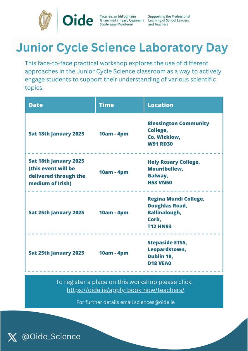 Happy new year from the Oide Science Team. The Junior Cycle Lab day event is happening on January 18th and 23rd. 
To register click here 👉 dms.oide.ie/event/public and search 'lab day'
Details 👇