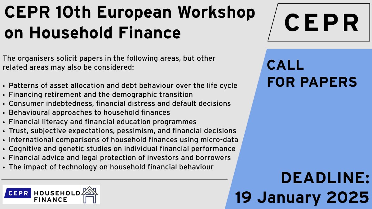 CEPR (@cepr_org) on Twitter photo 📢 #CallforPapers for the 10th European Workshop on #Household #Finance joint with <a href="/CBScph/">Copenhagen Business School</a> on 7-9 May 2025
📝 Submission deadline: 19 Jan 2025.
For more information, visit:
cepr.org/events/cepr-10…
Steffen Andersen <a href="/nationalbanken/">Danmarks Nationalbank</a> <a href="/CBScph/">Copenhagen Business School</a>, <a href="/Haliassos/">Michael Haliassos</a> <a href="/goetheuni/">Goethe-Universität</a> 📢 #CallforPapers for the 10th European Workshop on #Household #Finance joint with <a href="/CBScph/">Copenhagen Business School</a> on 7-9 May 2025
📝 Submission deadline: 19 Jan 2025.
For more information, visit:
cepr.org/events/cepr-10…
Steffen Andersen <a href="/nationalbanken/">Danmarks Nationalbank</a> <a href="/CBScph/">Copenhagen Business School</a>, <a href="/Haliassos/">Michael Haliassos</a> <a href="/goetheuni/">Goethe-Universität</a>