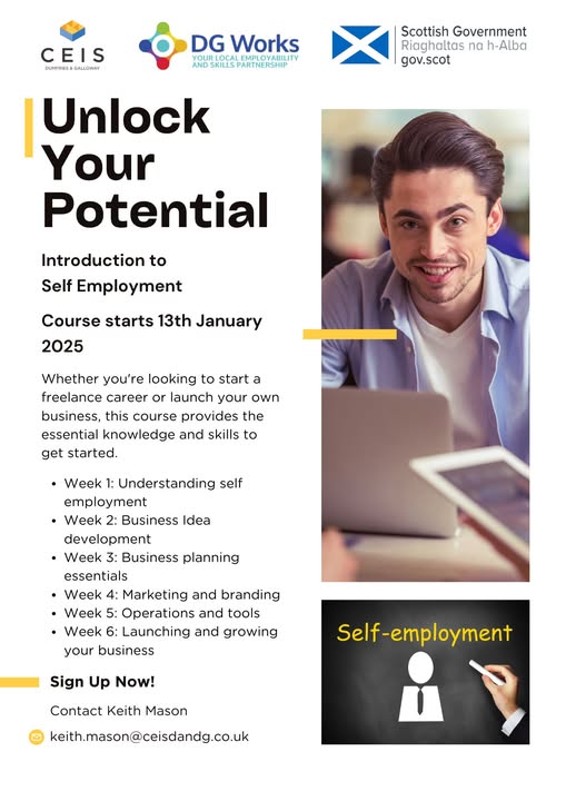 D&G Local Employability & Skills Partnership (@dgemployability) on Twitter photo New year, new opportunities!!
<a href="/CEIS_DandG/">CEIS in D&G</a> are delivering a 6 week online 'Introduction to Self Employment' course starting Monday 13th of January.
Thinking of starting a buisness or becoming self employed? This is the course for you!
Contact keith.mason@ceisdandg.co.uk New year, new opportunities!!
<a href="/CEIS_DandG/">CEIS in D&G</a> are delivering a 6 week online 'Introduction to Self Employment' course starting Monday 13th of January.
Thinking of starting a buisness or becoming self employed? This is the course for you!
Contact keith.mason@ceisdandg.co.uk
