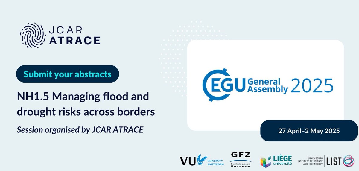 Are you working on the  topic of management of floods and droughts across borders? Then consider  to submit your #EGU25 abstract to our new session!

Submit your abstract here: lnkd.in/dQ-633U6

📅 Deadline: 15 January 2025