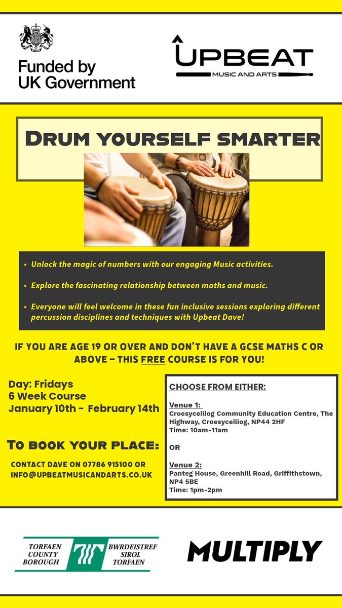 Calling adults looking for a new year activity that will put a smile on your face and give you a huge boost as we start 2025. Weekly drumming sessions that are FREE to attend. Enrol for one of these 6 week courses, learn new skills and make new friends. All welcome!