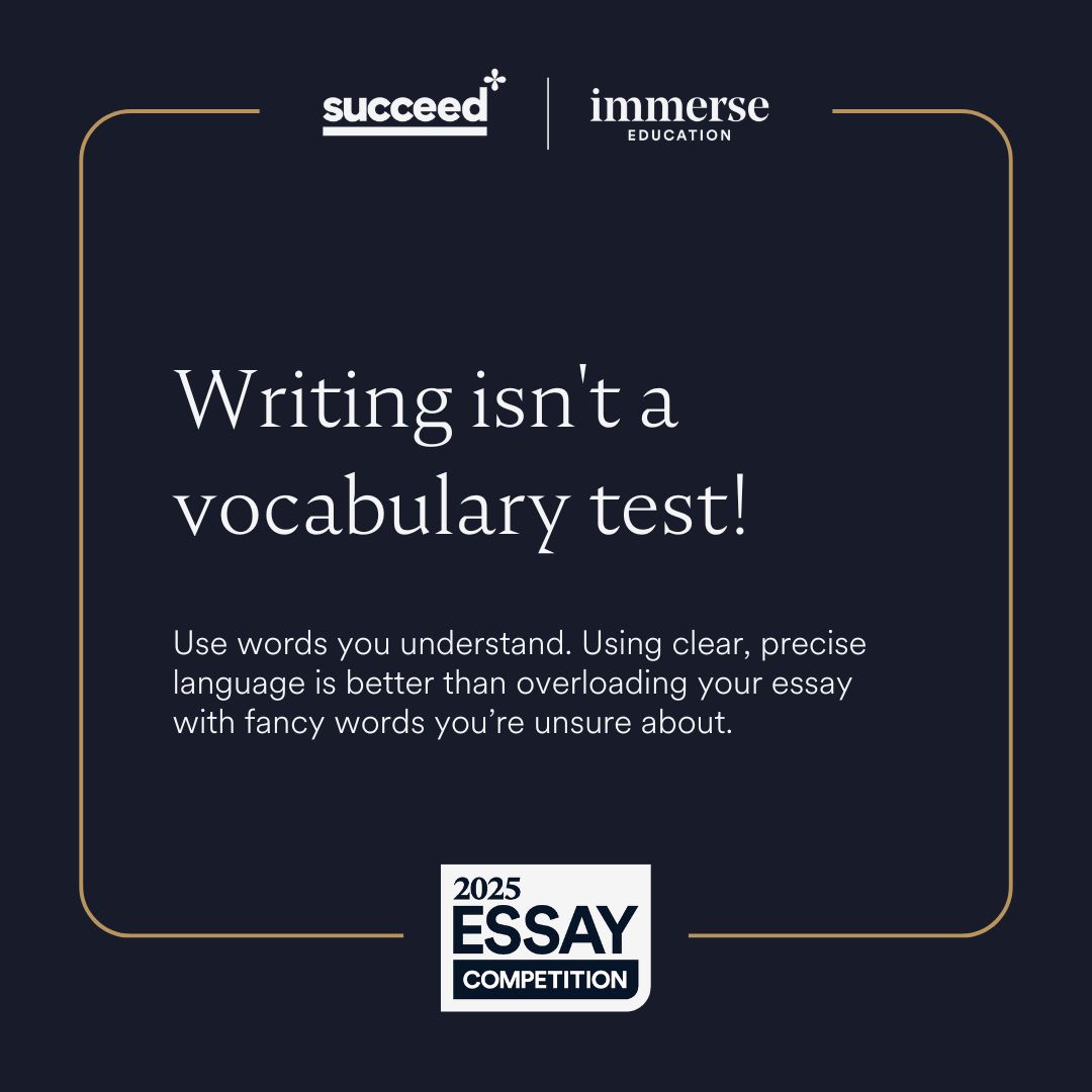 Immerse_Edu's tweet image. Use vocabulary you understand! It’s tempting to use complex words to sound impressive, but clarity is more important.

#writewithimmerse #academicwriting #scholarshipessay #immerseeducation #studentcompetition #essaychallenge2025 #researchskills #writinggoals