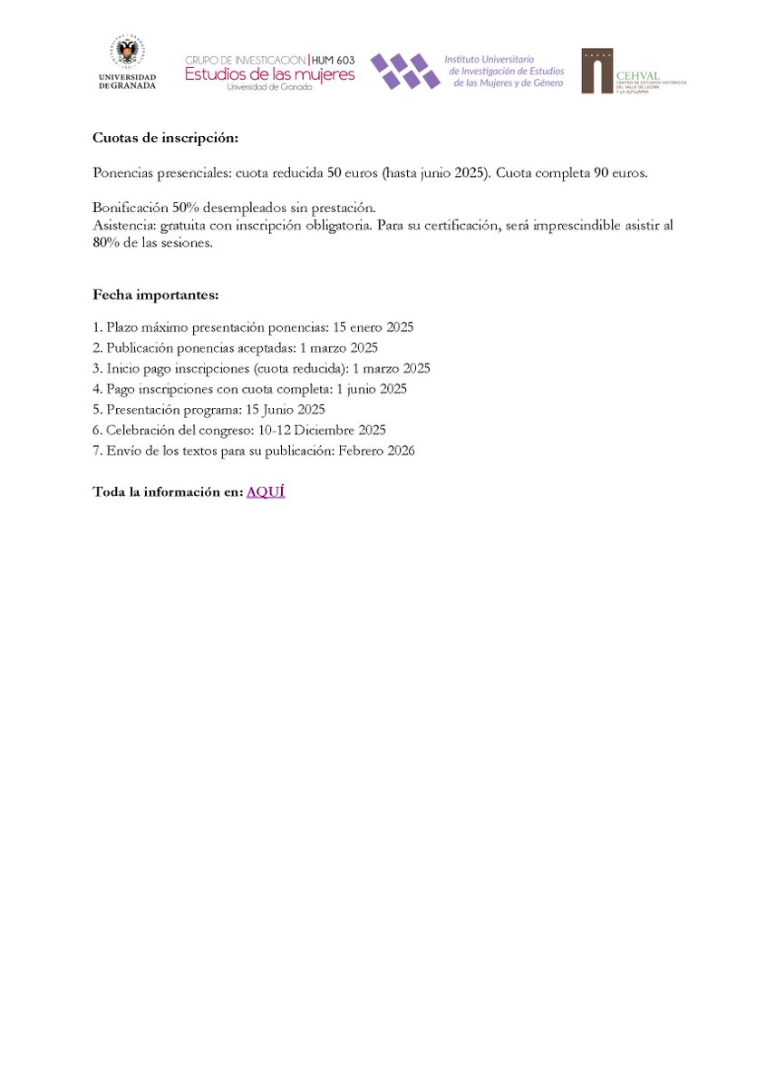 📢 Call for Papers
Colloquium on Women's and Gender Studies 
Feminist Genealogies: In the Thread of Memory
🗓️ December 10–12, 2025, Granada
📑 Feminist genealogies, intersectionality (gender, class, race, ethnicity), economy, family, culture, and more
🌐 wpd.ugr.es/~esmujer/?page…