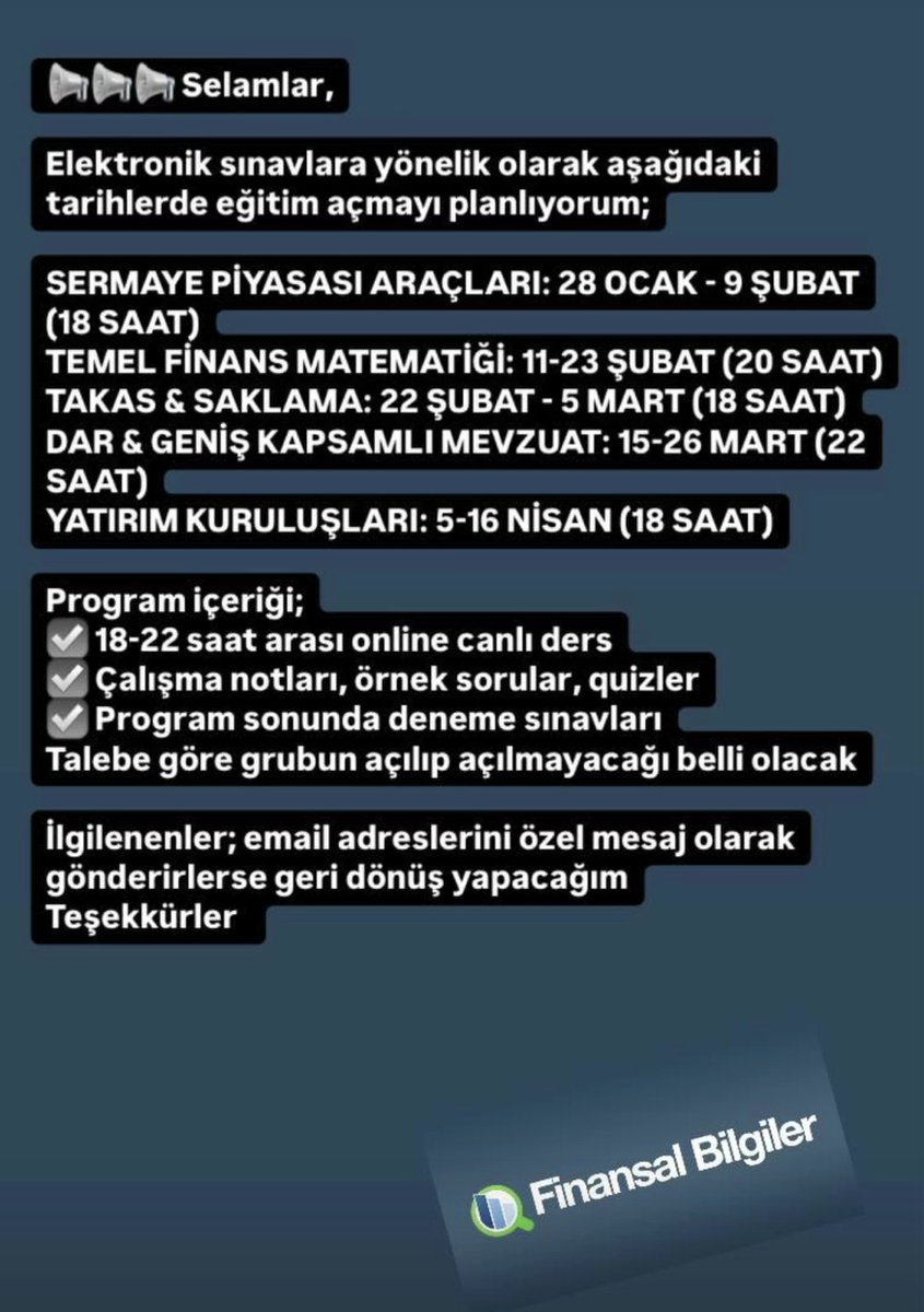 Ders programımız aşağıdaki gibi. Bilgi almak isteyenler özel mesaj ile  email adreslerini yazabilir.