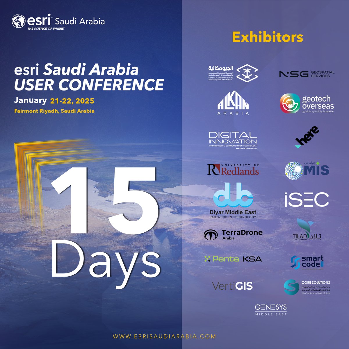 EsriSaudi's tweet photo. Only 15 Days Left Until Esri Saudi Arabia User Conference 2025! ⏳

The wait is almost over! In just 15 days, the Esri Saudi Arabia User Conference 2025 will bring together GIS enthusiasts, industry leaders, and innovators for two unforgettable days. https://t.co/rjNACP6ElS