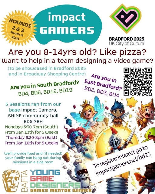 STILL SPACES AVAILABLE FOR EAST AND SOUTH! PLEASE SHARE.
A fun games design course for 8-14yr olds to make a game for Bradford 2025, starts next week, still some spaces sign up impactgamers.net/bd25