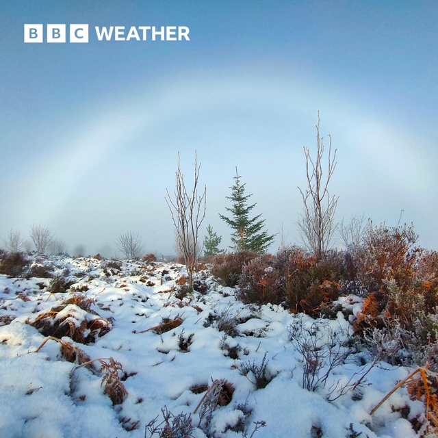 The lowest temperature of the UK winter so far, -13.3°C (8F), was recorded overnight in Loch Glascarnoch, Highland.

This photo of a fog bow was taken north of Loch Glascarnoch in snowy Lairg, Highland by BBC Weather Watcher Jack March.