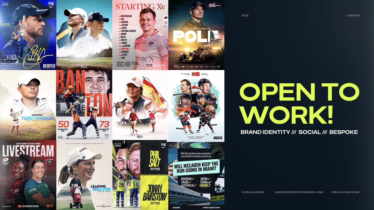visuallymax's tweet image. I am on the hunt for my next exciting project so if you are looking for a graphic designer, get in touch! 🤝

I am looking for projects in the sports and fitness world, ranging from branding &amp;amp; brand identities to social &amp;amp; bespoke ⚽️🏏🏀🔥

visuallymax.com

#smsports