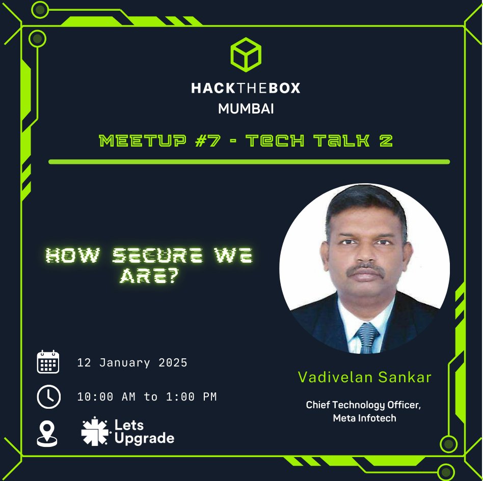 Mark your calendars for the upcoming HTB Mumbai Meetup #7!

📅 Date: Sunday, January 12, 2025
🕒 Time: 10:00 AM - 1:00 PM IST
📍 Venue: ITM IDM, Andheri, Mumbai
(maps.app.goo.gl/yWW5wPCL1BeqGA…)

RSVP: lnkd.in/dD2p6DV4

<a href="/DhiyaneshDK/">Dhiyaneshwaran</a>