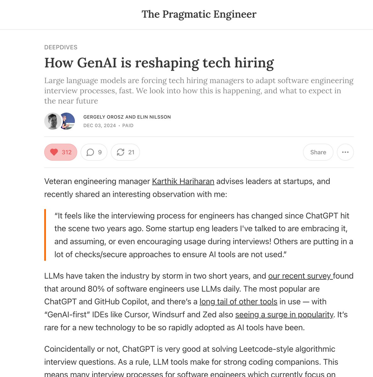 "How GenAI is reshaping tech hiring" by <a href="/GergelyOrosz/">Gergely Orosz</a> and <a href="/hejelinnilsson/">elin 👩‍💻</a>

As AI tools reshape software engineering recruitment, employers are adapting their interview processes to  assess candidates amidst concerns of cheating and inflated applications

calmdigest.com/?q=https://new…
