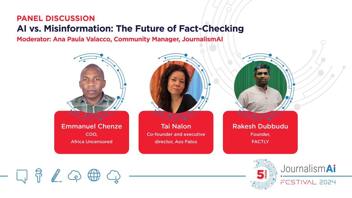 ✨ AI and fact-checking at the 2024 #JournalismAI Festival!

🎙️ Emmanuel Chenze (<a href="/AfUncensored/">Africa Uncensored</a>), <a href="/tainalon/">Tai Nalon</a> (<a href="/aosfatos/">Aos Fatos</a>), and <a href="/rakeshdubbudu/">Rakesh Dubbudu</a> (<a href="/FactlyIndia/">Factly</a>) explored whether AI boosts fact-checking, aiding verification and combating misinformation.

🔗 Watch: youtu.be/4jUicyvNs94