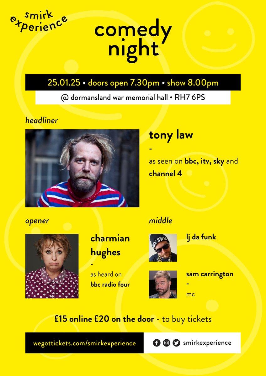 Beat the January Blues with this crackerjack of a show later this month in Dormansland.

Tony Law, Charmian Hughes and LJ DA FUNK are all masters of their trade.

Dormansland resident Sam Carringt0n MCs.

Tickets available here

buff.ly/4gU1eI2 

and see you there.