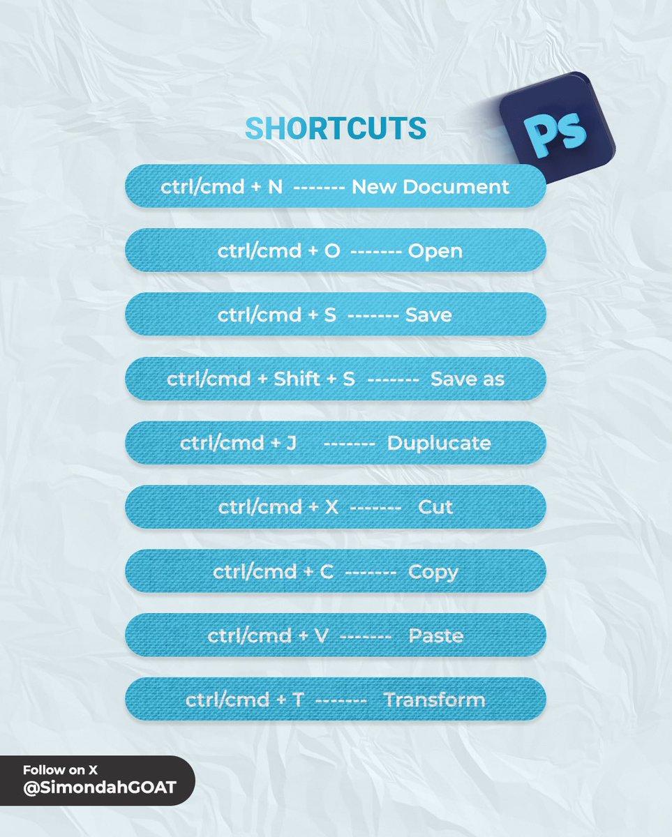 SimondahGOAT's tweet image. I compiled a list of shortcuts 💻 every new designer that uses photoshop 🎨 should know to make your work faster and easier
What’s your favorite Photoshop shortcut ? Reply below
#graphic #GraphicDesign #graphicdesigner #photoshop #photoshoptips #photoshopshortcuts