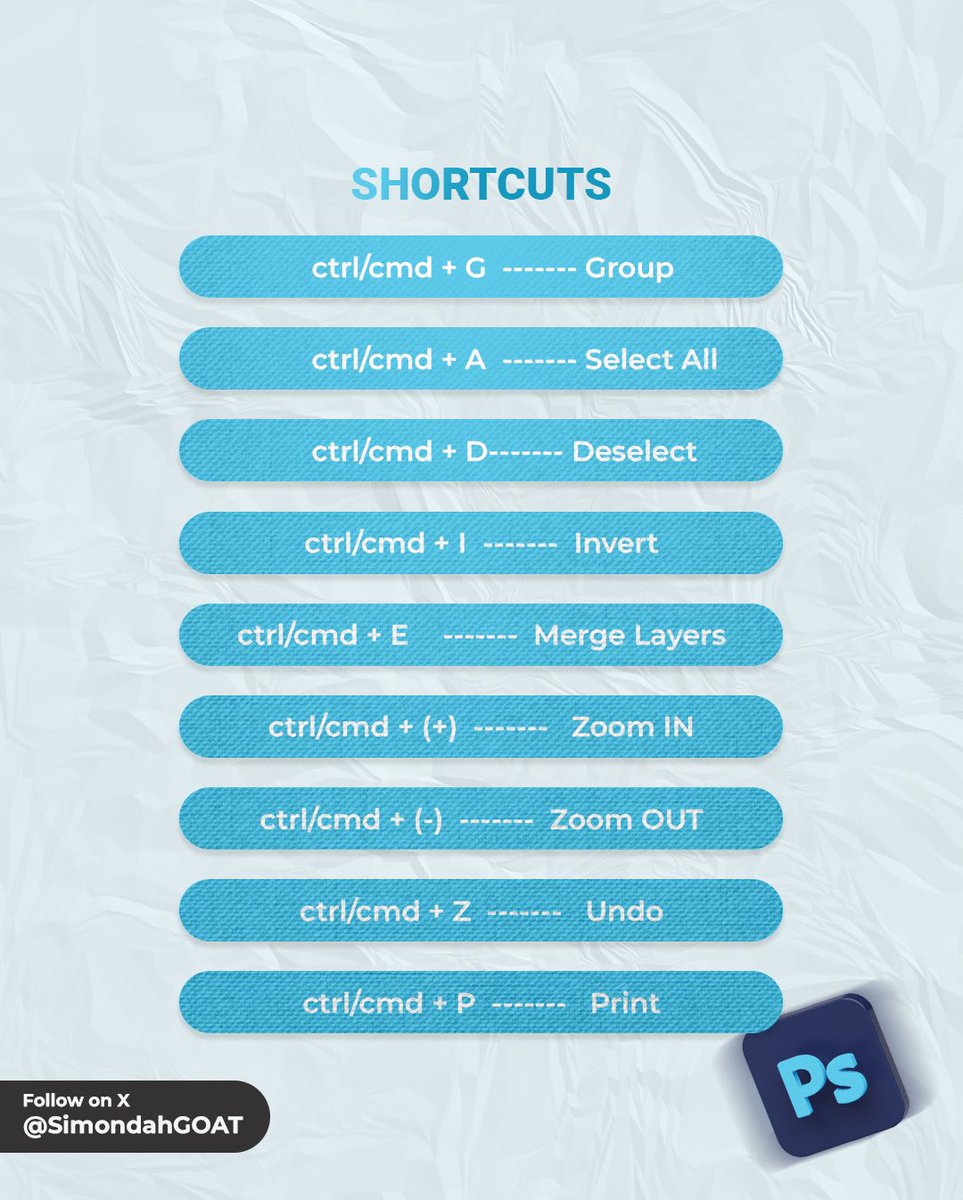 SimondahGOAT's tweet image. I compiled a list of shortcuts 💻 every new designer that uses photoshop 🎨 should know to make your work faster and easier
What’s your favorite Photoshop shortcut ? Reply below
#graphic #GraphicDesign #graphicdesigner #photoshop #photoshoptips #photoshopshortcuts