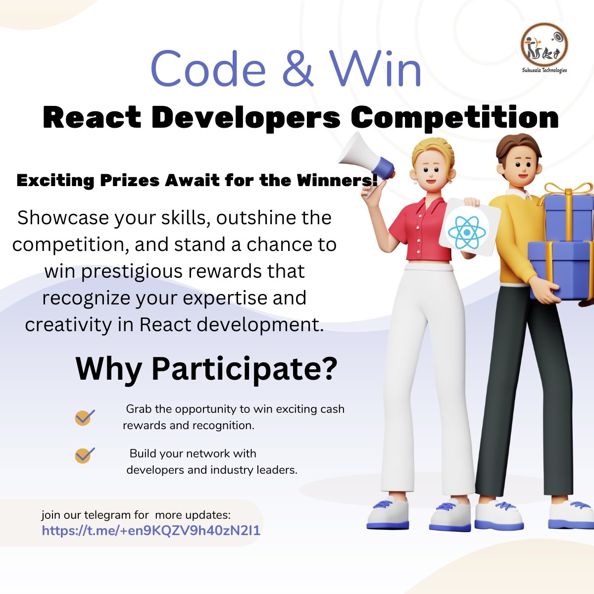 sukusalatech's tweet image. Showcase your React skills and compete for exciting cash prizes! Don’t miss your chance to prove your coding expertise and win big.
join now: t.me/+en9KQZV9h40zN…
#ReactDevelopers #CodingCompetition #ReactChallenge #CashPrizes #WebDevelopment #ReactJS #DeveloperCommunity