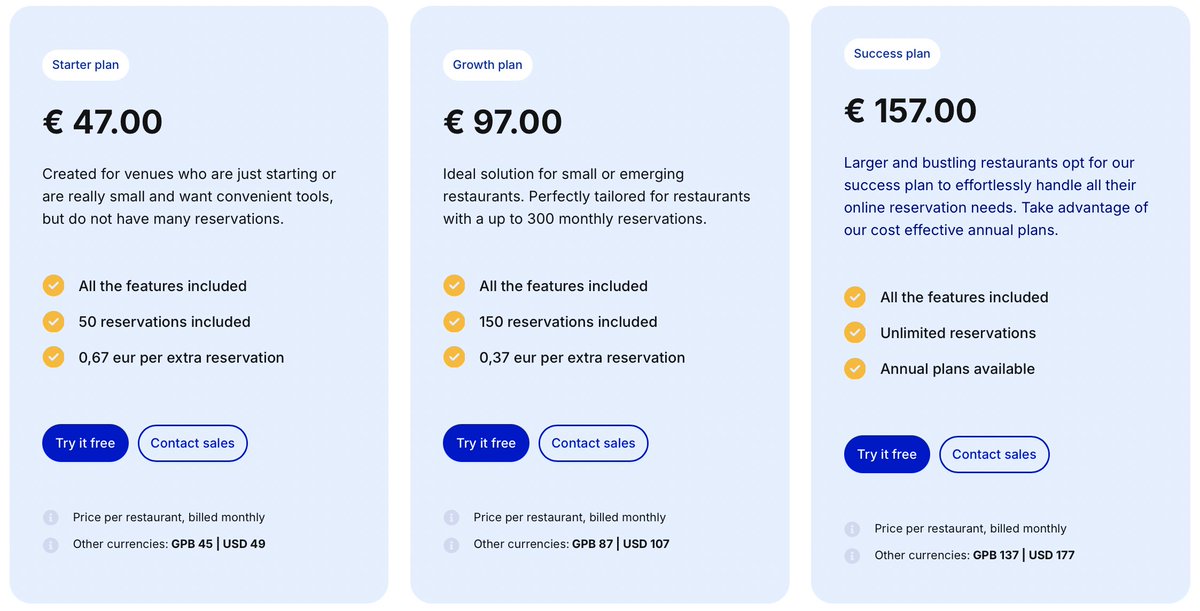 If you’re considering giving Tablein a try, you should know that we offer a no-strings-attached, 14-day free trial of our premium plan that will allow you to thoroughly test all the functionalities our software has to offer.

After that, you can opt for one of our 3 subscription
