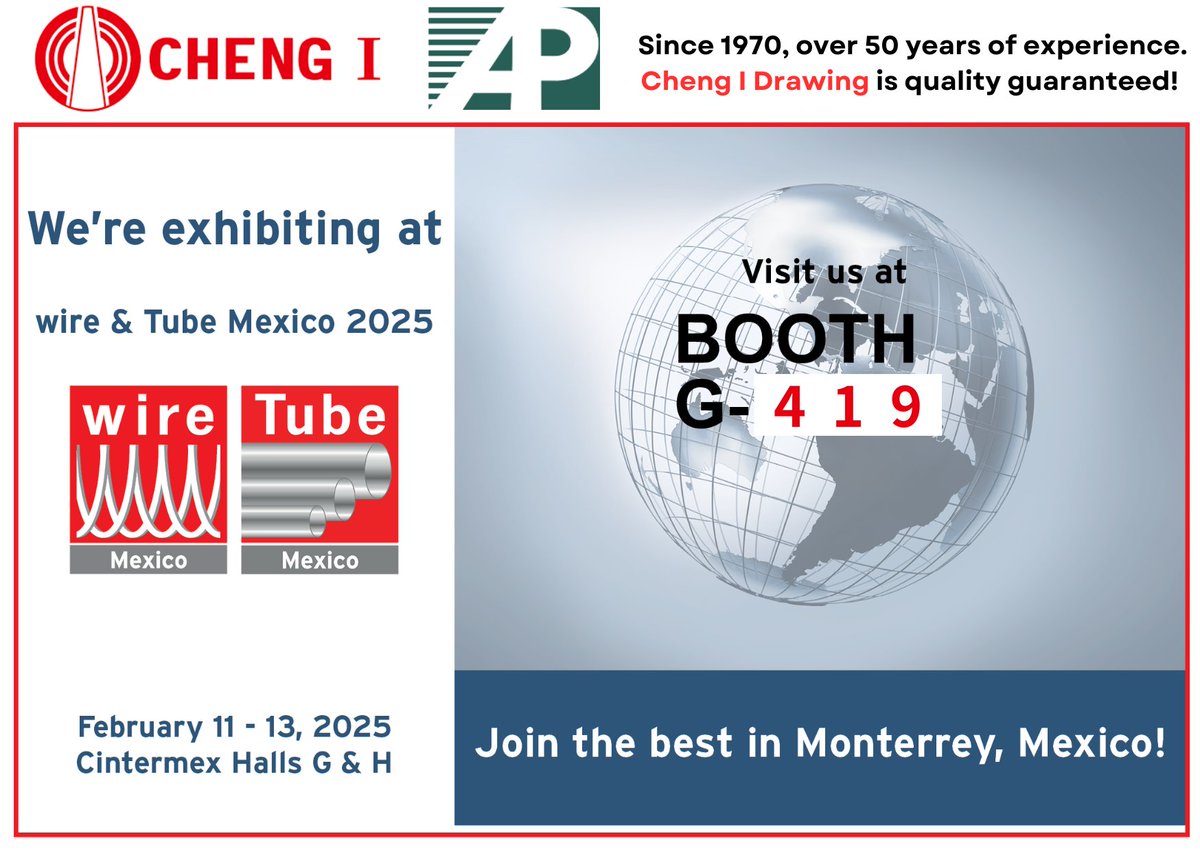 Cheng_I_drawing's tweet image. 来月、初めて Wire Mexico 展示会に出展します！ 最新の製品と技術をご紹介しますので、ぜひ弊社ブースへお立ち寄りください。お会いできるのを楽しみにしています！
📅日程：2025年2月11日~2025年2月13日 
📷場所：Cintermex Monterrey, Mexico
 #伸線 #伸線機 #wiredrawingmachine #wireshow