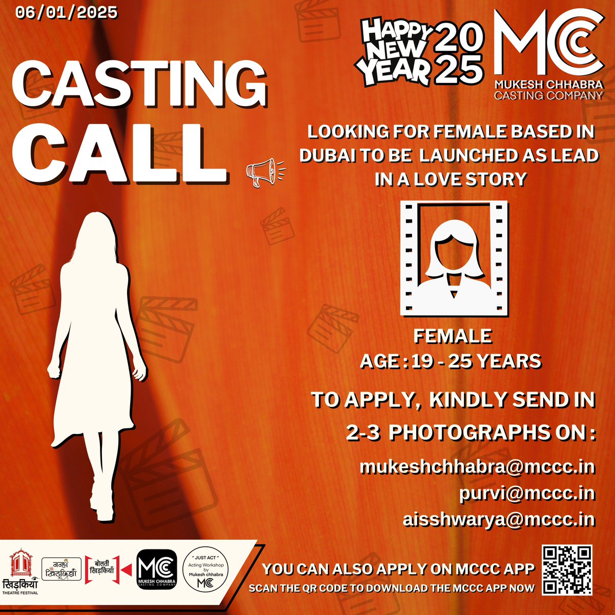 MCCC (@mukeshchhabracc) on Twitter photo 🔊Casting Call
Looking for Female based in Dubai to be launched as lead in a love story
FEMALE
Age : 19-25 Years
To apply, Kindly send in 2-3 photographs on
mukeshchhabra@mccc.in
purvi@mccc.in
aisshwarya@mccc.in 🔊Casting Call
Looking for Female based in Dubai to be launched as lead in a love story
FEMALE
Age : 19-25 Years
To apply, Kindly send in 2-3 photographs on
mukeshchhabra@mccc.in
purvi@mccc.in
aisshwarya@mccc.in