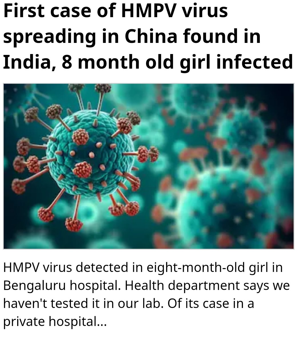 theask191's tweet photo. Big news is coming on #hmpvvirus.

A case of HMPV virus spreading in China found in India😲

An 8-month-old girl found infected in a hospital in Bengaluru😭

Everyone is requested to take care of themselves and their families.

#HMPV #stockmarketcrash #niftycrash https://t.co/K4Pjqj1s0Q