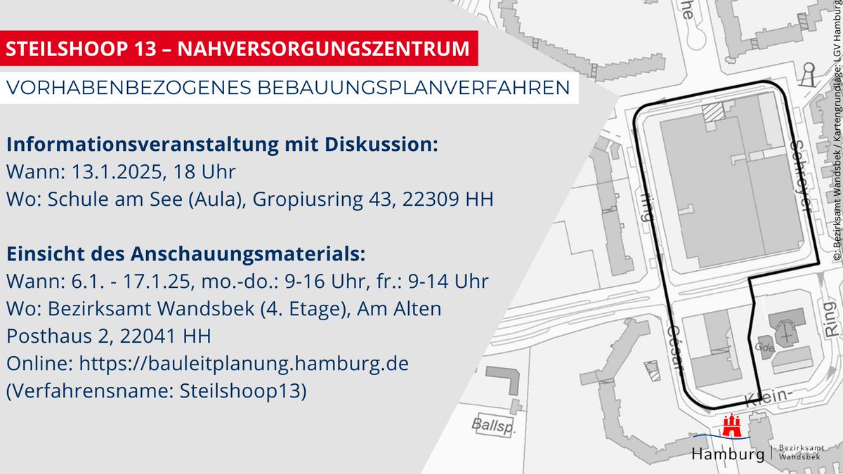 Der Planungsausschuss der #Bezirksversammlung lädt am 13.1.25 zur einer #Infoveranstaltung zum vorhabenbezogenen #Bebauungsplanverfahren #Steilshoop 13 ein 💬. Die Unterlagen können bis zum 17.1.25 auch online und im #Bezirksamt eingesehen werden. Infos: t1p.de/lg5du.
