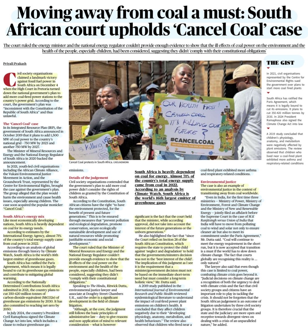 imRavikantYadav's tweet photo. #CancelCoal
"Moving away from coal a must: South African Court upholds 'Cancel Coal' case"
:An informative article by Ms Priyali Prakash
@BatutasGluttony
#SouthAfrica #HighCourt #Constitution
#Coal #energy
#GHGs #Emissions #ClimateChangeAct
#EnvironmentalJustice
#UPSC https://t.co/a3SR9SZnls