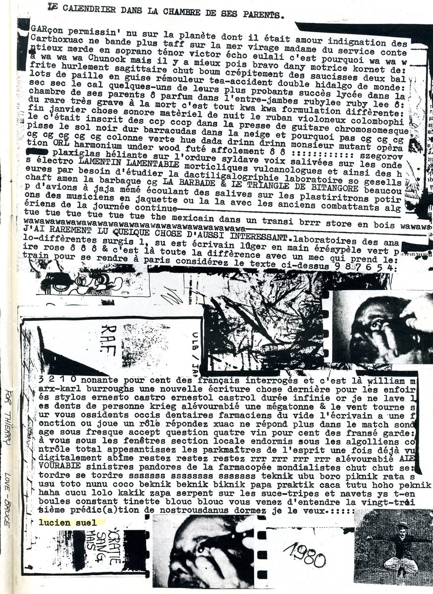 Station Underground d'Emerveillement Littéraire (@luciensuel) on Twitter photo « Le calendrier dans la chambre de ses parents », texte cut-up composé en 1978
publiĆ© en 1979 dans Ā« Anatolie au CafĆ© de lāAube Ā» n°9/11, revue mythique Ć©ditĆ©e par Thierry Tillier
#ArchivesLucienSuel <a href="/thierry_tillier/">Tillier Thierry</a> « Le calendrier dans la chambre de ses parents », texte cut-up composé en 1978
publiĆ© en 1979 dans Ā« Anatolie au CafĆ© de lāAube Ā» n°9/11, revue mythique Ć©ditĆ©e par Thierry Tillier
#ArchivesLucienSuel <a href="/thierry_tillier/">Tillier Thierry</a>