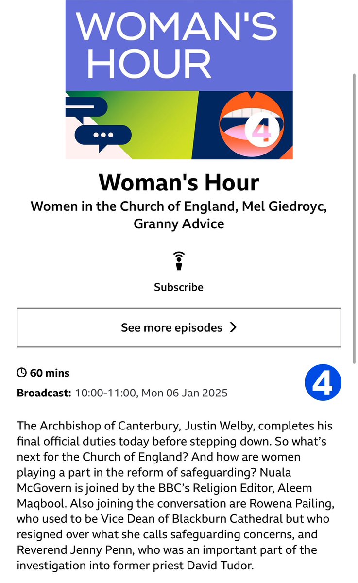 Today’s <a href="/BBCWomansHour/">BBC Woman's Hour</a> should be well worth a listen for those interested in reforming <a href="/churchofengland/">The Church of England</a> cultures in relation to safeguarding &amp; abuse.

<a href="/BBCNuala/">Nuala McGovern</a> joined by <a href="/AleemMaqbool/">Aleem Maqbool</a> along with <a href="/rowena_pailing/">Rowena Pailing</a> who resigned from ministry at Blackburn Cathedral because of