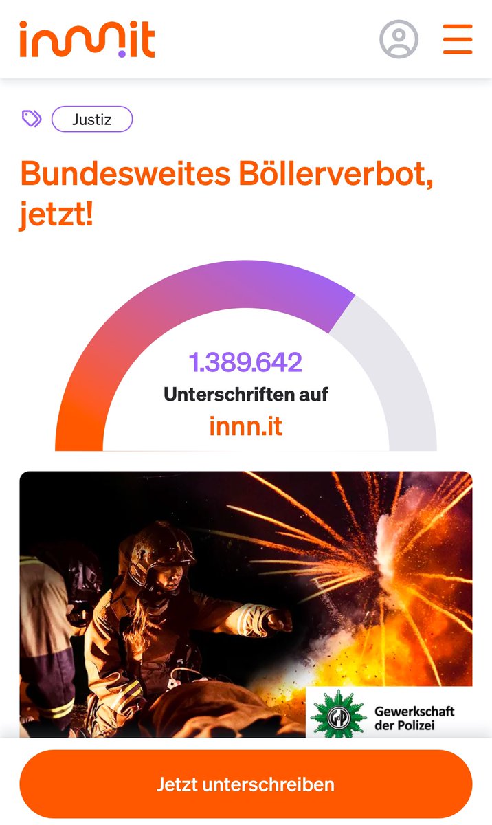 Guten Morgen!
Es werden immer mehr. Ganz wichtig, unsere Petition endet nicht mit der heutigen Übergabe des aktuellen Standes ans BMI, sondern erst, wenn gehandelt wird - Von daher gern weiter unterstützen ⤵️
innn.it/boellerverbot