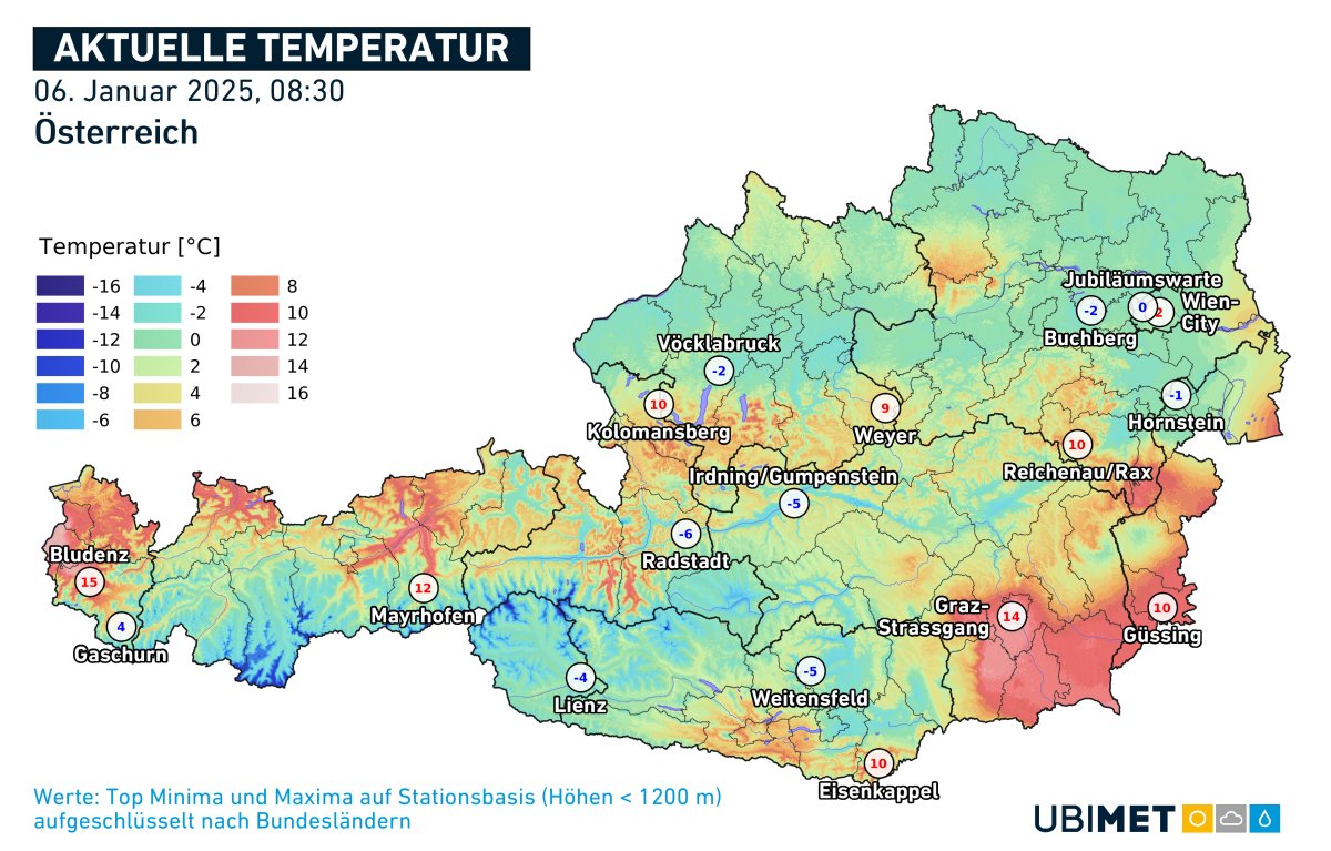 uwz_at's tweet image. Der Dreikönigstag bringt heute je nach #Föhn große Temperaturunterschiede: In Graz und Bludenz gibt es  bereits Temperaturen um 15 Grad, im Donauraum dagegen meist nur um 0 Grad. In zwei Landeshauptstädten gibt es auch eine Warnung vor stürmischen Böen: uwz.at