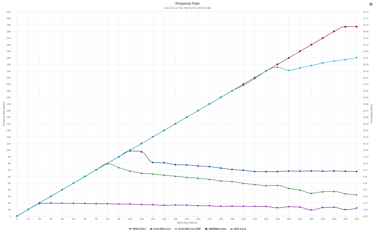 We've updated our DNS benchmarking at knot-dns.cz/benchmark/. Next time, we'll move on from XL710 and upgrade to modern 100+GbE NICs.