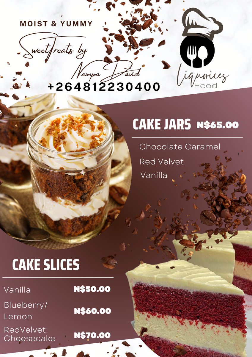 NampaDavid's tweet image. ✨2025 ✨
Ow, Hi There 🤗,

📌I do event catering &amp;amp;bake cakes for all kind events. 

📌On a day2day: 
Grab a slice of cake/cake jar; N$65.00

📌On the side of Savory:
TACOS every THURSDAY; N$150.00

📍Windhoek📍
 +264812230400 

Please help me RT, My customers are on your TL🙏
