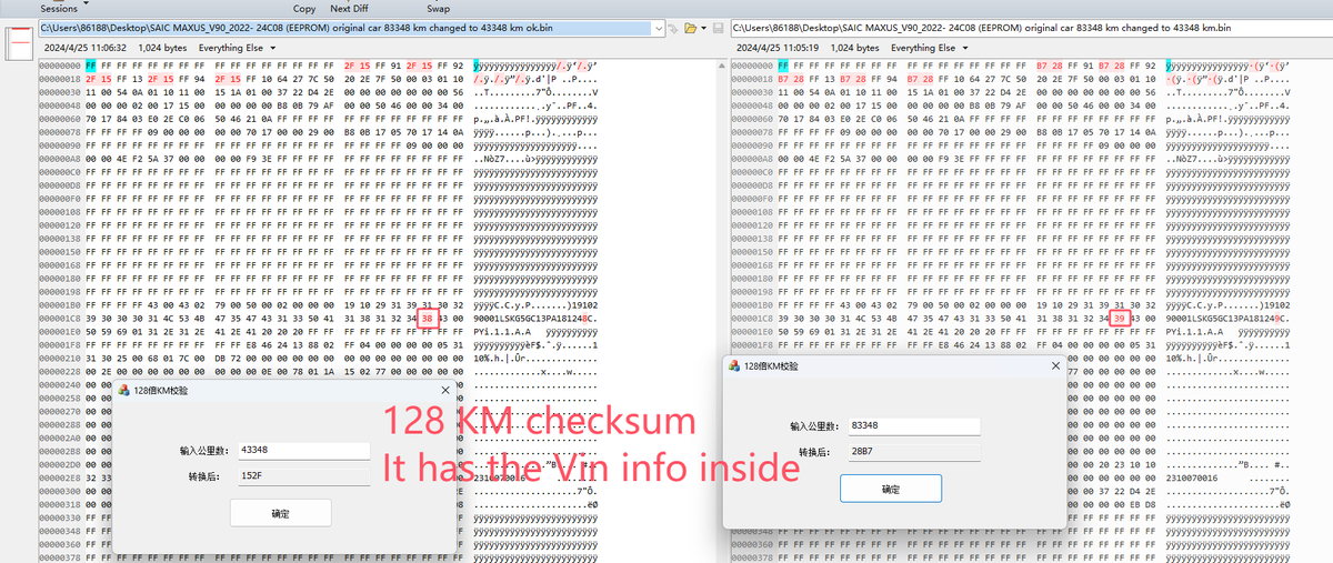 Mileage algrothim lesson 
128KM checksum and the vin info inside the data
SAIC MAXUS_V90_2022- 24C08 (EEPROM) original car 83348 km changed to 43348 km