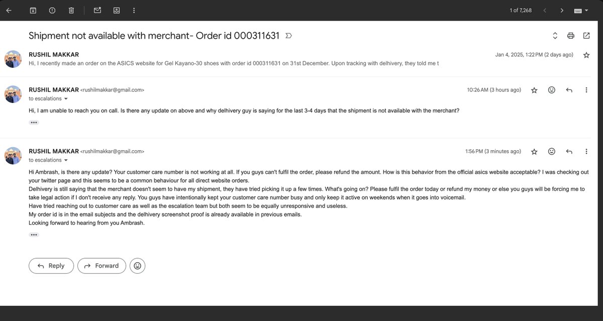 rushil_makkar's tweet photo. @ASICS_India My order id is 000311631 . I have been trying to reach your support but no response. My order is not getting shipped and it's been over a week. Delhivery keeps saying that it was falsely marked as ready and the merchant doesn't have the shipment ready. What's going on @delhivery? https://t.co/piWMnGIVS2