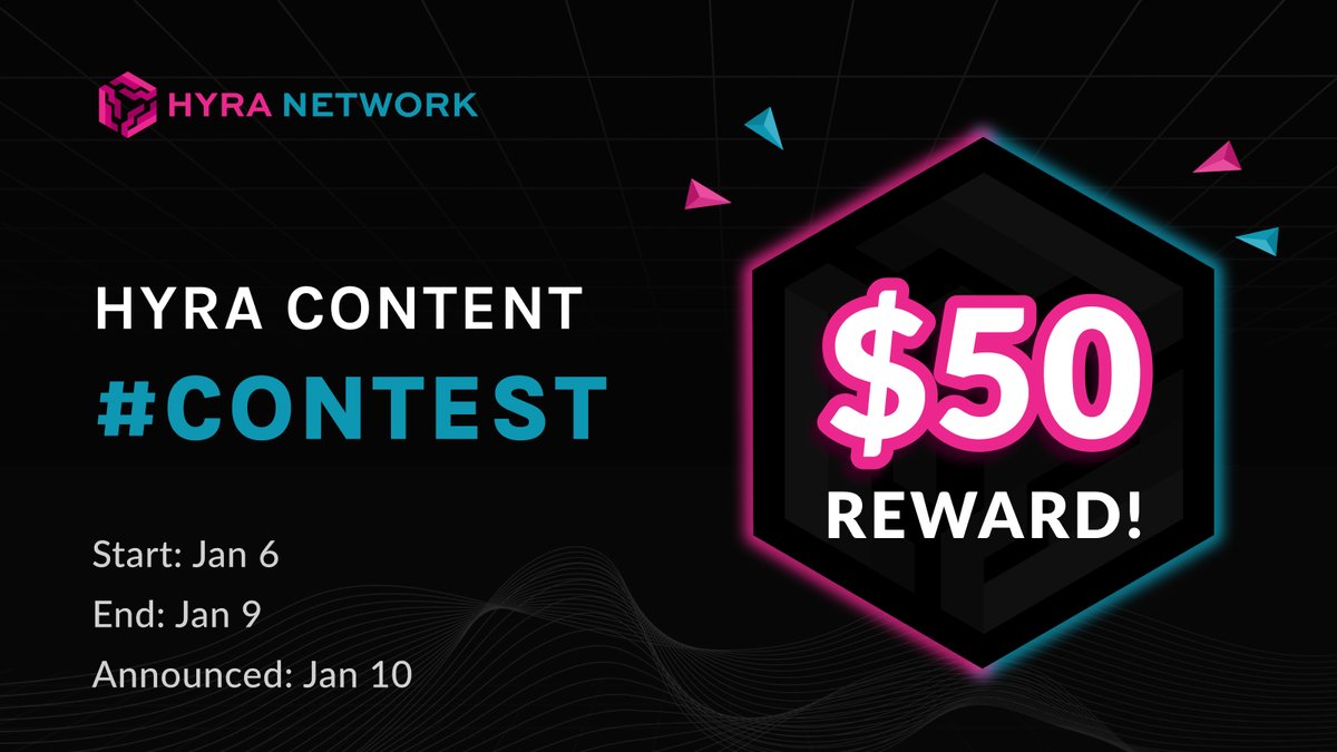 hyranetwork's tweet photo. 🎉 Hyra Content #Contest – $50 Reward!

📝 How to Participate:
1. Write a short post (50-100 words) about "Why I Believe in Hyra Network".
2. Post it on Twitter with hashtags #Hyra #HyraNetwork.
3. Tag 3 friends and invite them to join the fun.
4. Copy the link to your Twitter post and comment it under this announcement to confirm your entry.

💰 Rewards:
Top 3 posts (judged on creativity and engagement) will win:
1st Prize: $25
2nd Prize: $15
3rd Prize: $10

📅 Event Timeline:
Starts: Jan 6
Ends: Jan 9
Winners Announced: Jan 10

#Hyra #HyraNetwork #GIVEAWAY