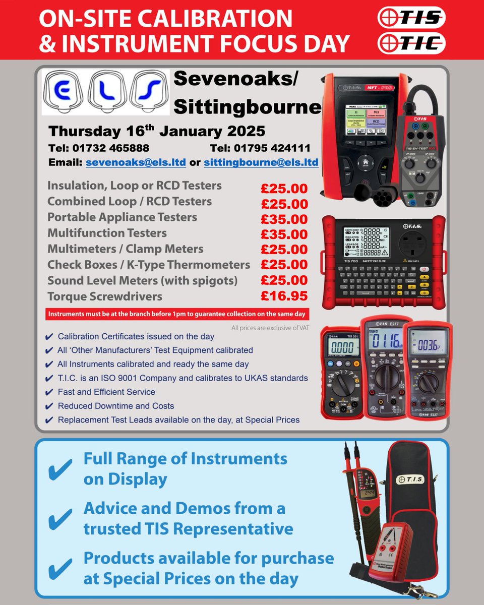 We’re hosting a Calibration and Instrument Focus Day at our Sevenoaks and Sittingbourne branches on 16th January, with same-day turnaround and up to 50% off usual calibration prices! 📣

Find out more:
📍 01732 465888 / sevenoaks@els.ltd 
📍 01795 424111 / sittingbourne@els.ltd