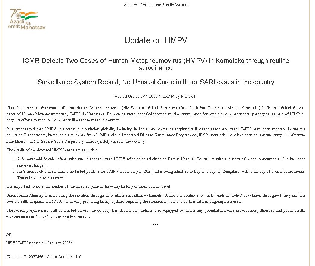 🚨🚨Big BREAKING 🚨🚨

#UPDATE
#ICMR detects two cases of Human Metapneumovirus (HMPV) in #Karnataka through routine surveillance
#hmpvvirus #medX #MedTwitter #BabarAzam #INDvAUS #m