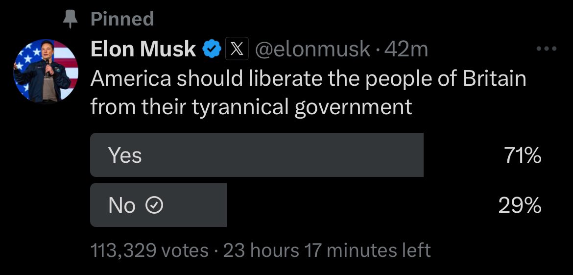 Woke up to Musk wanting to colonise the UK…

Wonder what UK ‘patriots’ will make of their space daddy now.