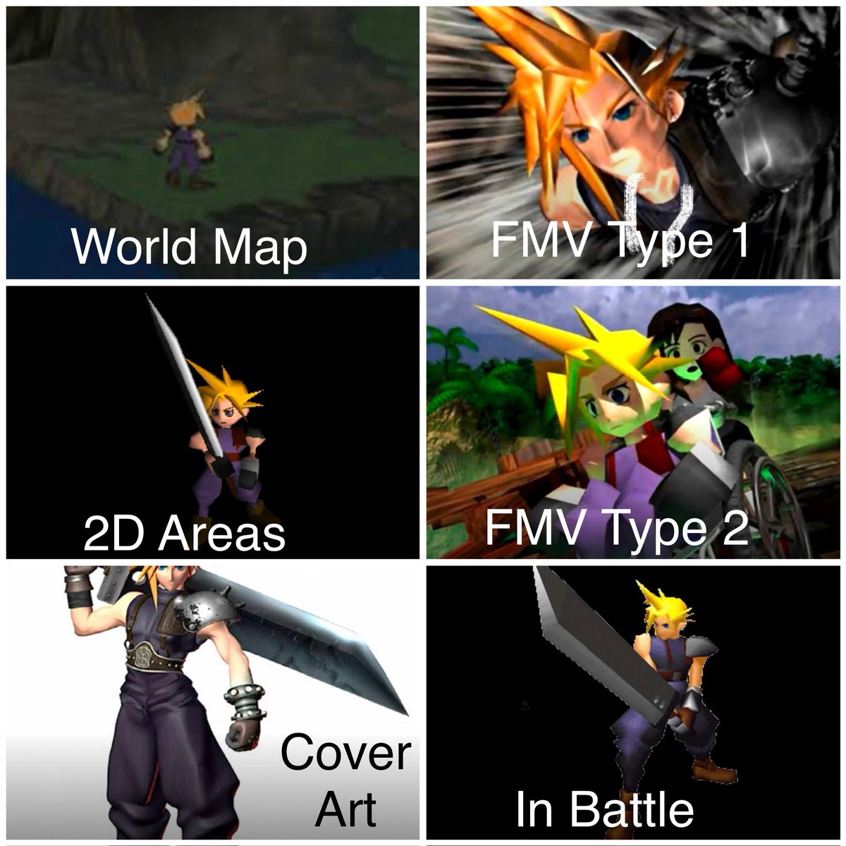 guregorii's tweet photo. In Final Fantasy VII, director Hironobu Sakaguchi allowed 6 different artists to design the characters, and used all 6 designs in the game during various scenes, even though they look completely different. These 6 images from the game are all supposed to be the same character. https://t.co/mRncEnjugk