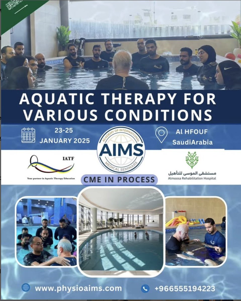 Contemporary AT in the KSA: we chose 6 themes:
Neuropediatrics: Halliwick handling
Cardio lifestyle: motor-cognitive gaming
Hemiplegia: reactive postural control WST
Persistent LBP: proprioceptive BRRM
Breast cancer edema: Clinical Ai Chi
OA hip/knee: turbulent strengthening