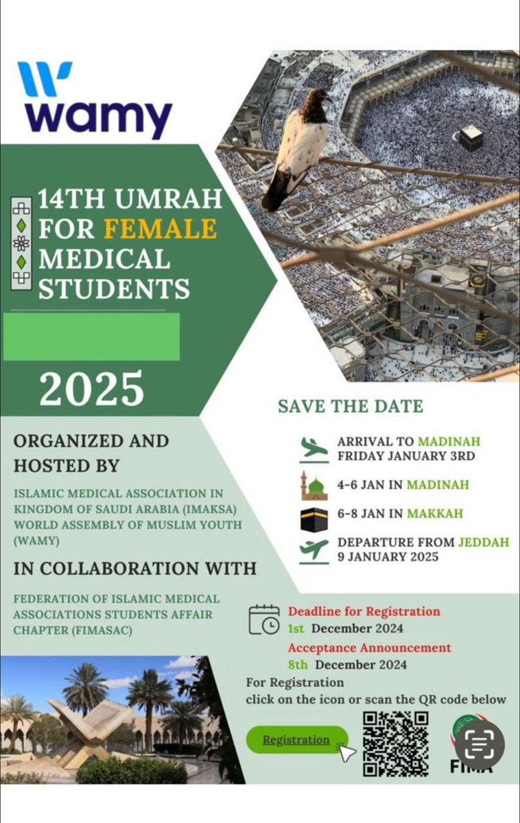 drmusanordin's tweet image. WAMY @wamy FIMA @FIMAweb 14th Umrah for Medical Students (Girls) hosted by Islamic Medical Association🇸🇦 
The 50 girls are now in Madinah
Visiting historical sites &amp;amp; Umrah in Makkah
A week of learning, training, reflecting, energising and sharing of dreams, hopes!
Allah bless 🙏