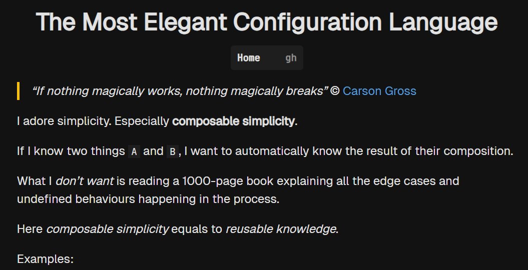 ChShersh's tweet image. It's done. My longest and most difficult article.
I studied CS for 4 years.
I used Functional Programming in the industry for 10+ years.
All, so that the essence of my knowledge manifested itself in The Most Elegant Configuration Language.
Link in replies