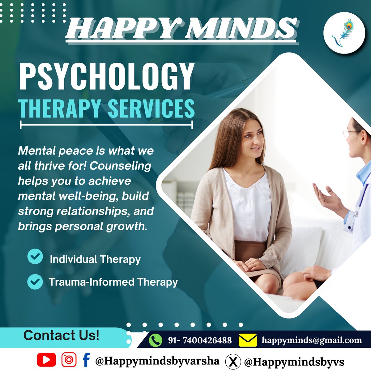 happymindsbyvs's tweet photo. Unlock Your Mental Well-being with Happy Minds Therapy Services 🌟
Mental peace is what we all thrive for! At Happy Minds, we offer personalized psychology therapy services and foster personal growth.
📱 +91 7400426488

#MentalHealthMatters #TherapyForAll https://t.co/uJrXiE60Nl