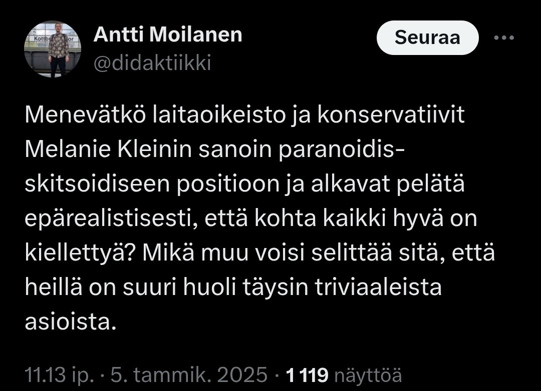 Tämä blokkaaminen on kuvaava esimerkki kuilusta, joka vallitsee kasvatustieteen teoreetikkojen ja käytännön opetustyön välillä. Ylhäältä annetaan määräyksiä, joiden perusteluista ei suostuta keskustelemaan, minkä jälkeen alkaa  ylenkatseinen/yleistävä vittuilu.

<a href="/didaktiikki/">Antti Moilanen</a>